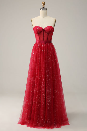 Vestido de Graduación Tul Sin Tirantes Rojo
